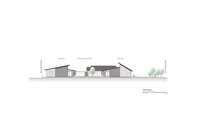 East elevation drawing depicting two gabled wings connected by a central corridor with trees