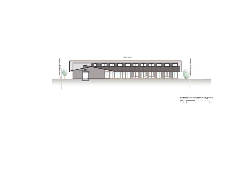 North elevation drawing of the two-story wing with repetitive window openings and a sloped roof