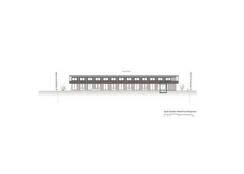 South elevation drawing showing the linear facade with rhythmic fenestration and projecting entrance volume