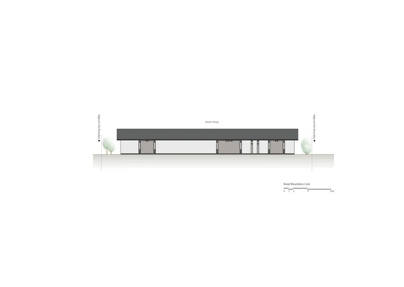 South elevation drawing showing a linear volume with flat roof and flanking trees