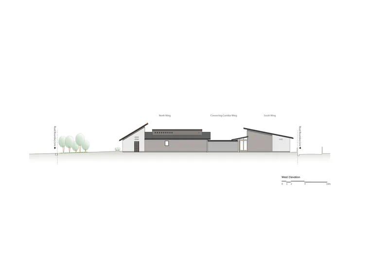 West elevation drawing depicting three connected wings with varying pitched roofs and labeled compass directions