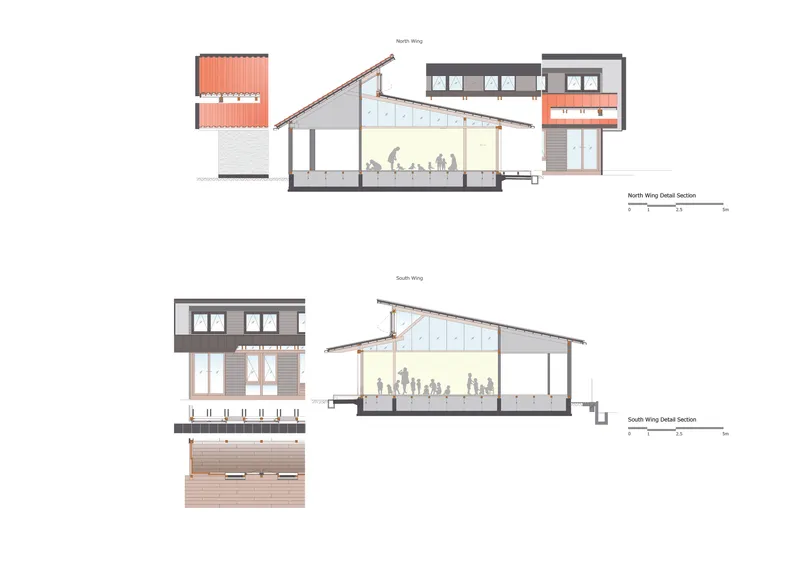 North and south wing detail section drawings showing interior occupancy and coral accent panels