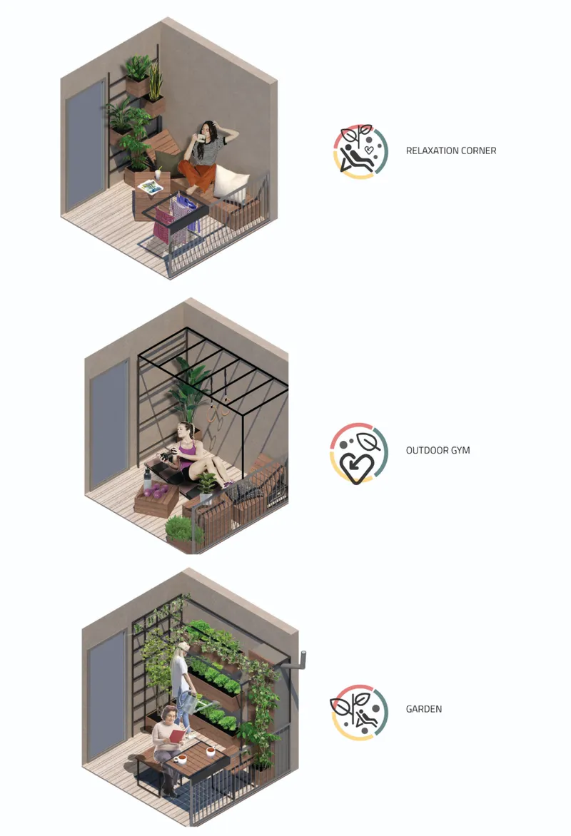 Isometric diagrams depicting three balcony configurations with figures relaxing, exercising, and gardening among potted plants