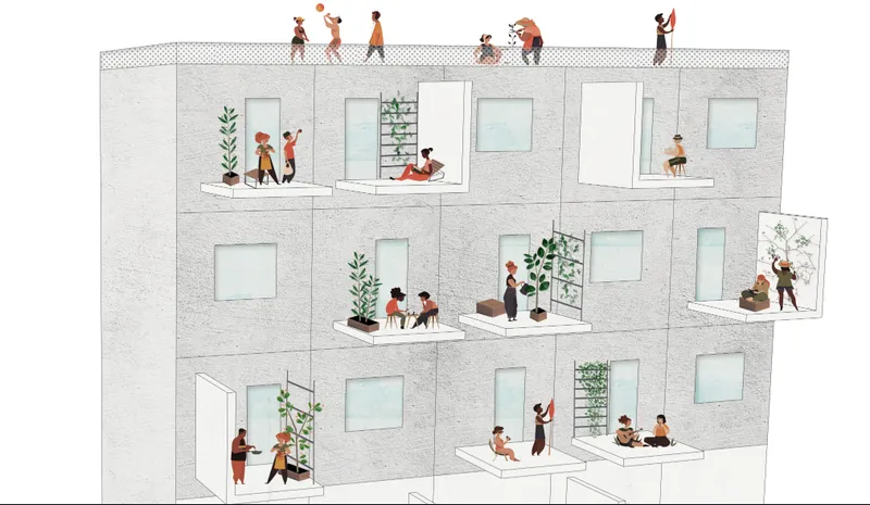 Section drawing of a multi-story facade showing residents using balconies for gardening, gathering, and relaxing