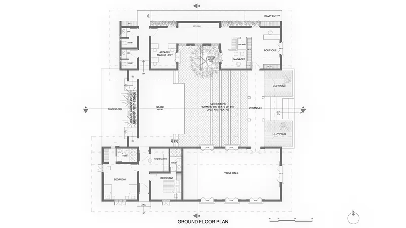 Ground floor plan drawing showing rooms arranged around a central courtyard with a planted area