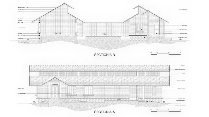 Section drawings showing the stepped terrain and gabled roof profiles across the building volumes