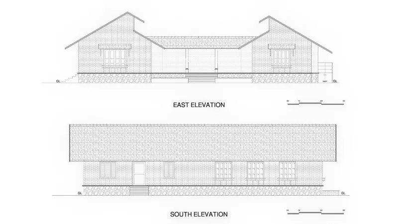 Elevation drawings showing pitched roofs connecting two gabled pavilions with textured wall surfaces