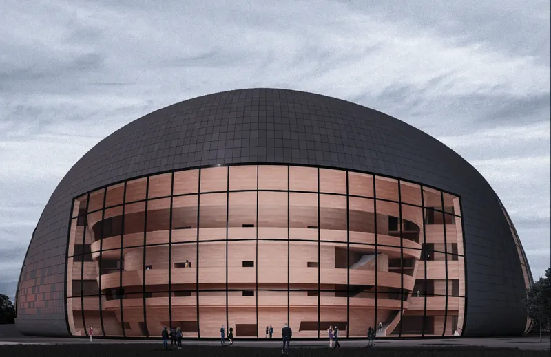 A sculptural curved envelope frames the glazed entrance, revealing the layered circulation and activity within the opera house.