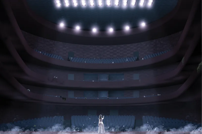 The immersive performance hall combines dramatic lighting, layered balconies, and focused stage views for a theatrical interior experience.