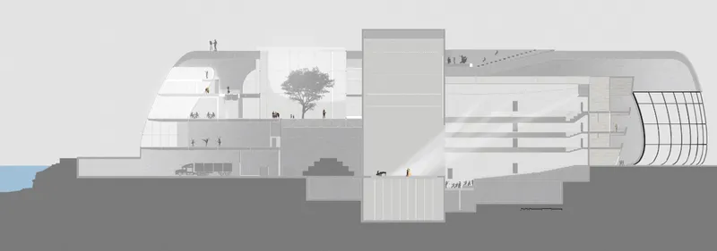 The section reveals the complex vertical relationship between performance halls, public spaces, circulation, backstage areas, and the waterfront.