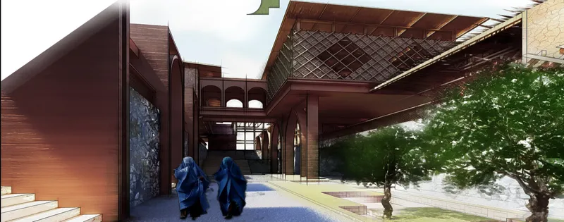 Shaded courtyard connecting vocational spaces with landscaped communal areas.