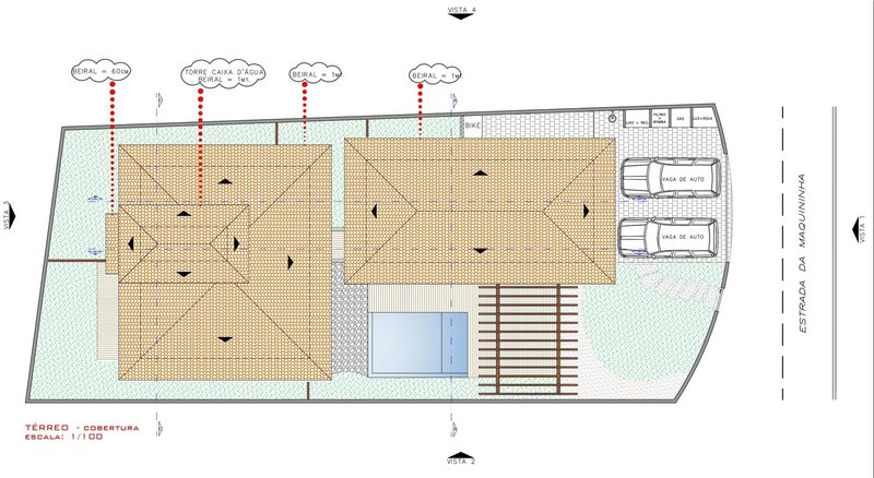 Roof plan drawing depicting two gabled volumes with patterned tiles and a central courtyard pool