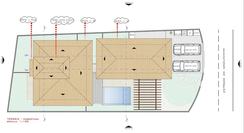 Roof plan drawing depicting two gabled volumes with patterned tiles and a central courtyard pool