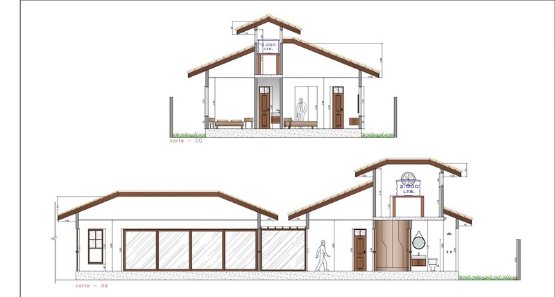 Section and elevation drawings illustrating gabled structures with pitched roofs and interior spaces