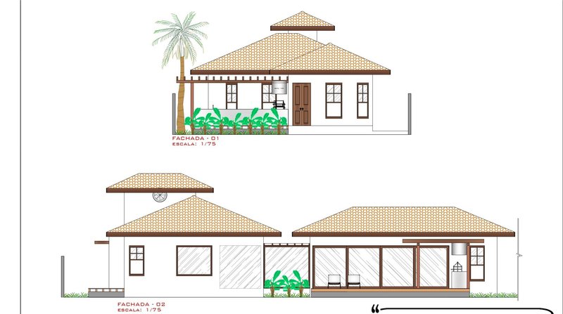 Elevation drawings featuring gabled roofs with tile patterns and framed openings alongside planted greenery