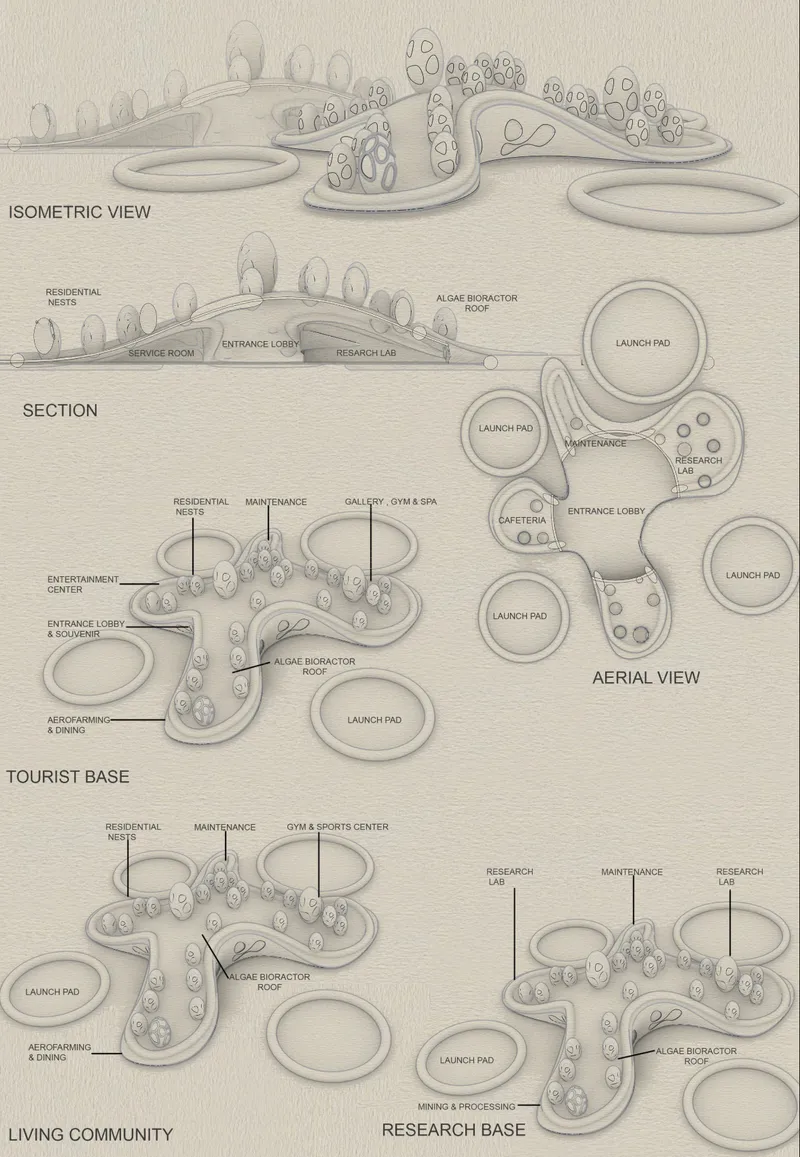 Modular lunar bases combine residential nests, research spaces, aerofarming, recreation, and algae bioreactor infrastructure.