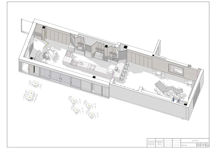 Axonometric drawing showing a linear interior layout with kitchen, dining, and reading zones along a glazed wall