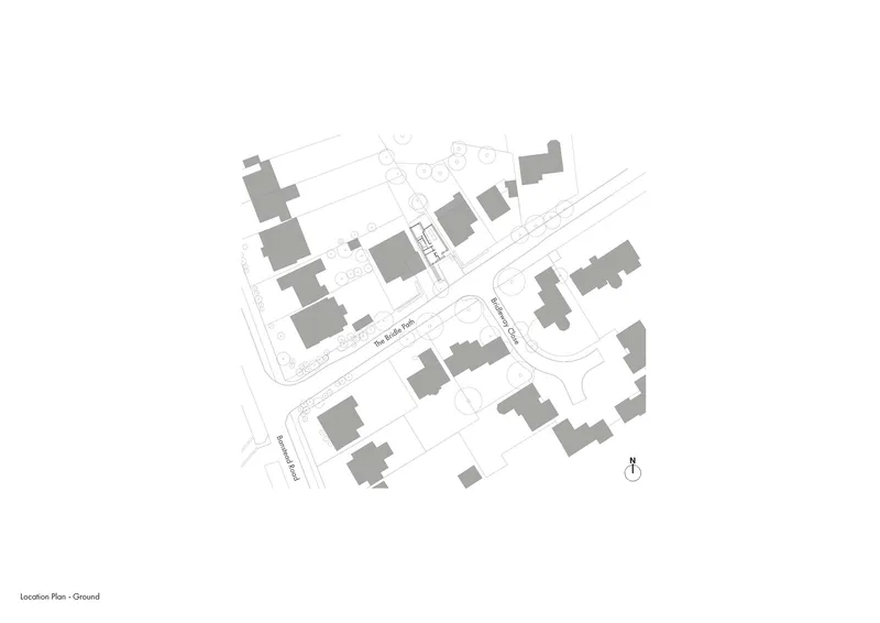 Site plan drawing showing building footprints and street layout in a residential neighborhood