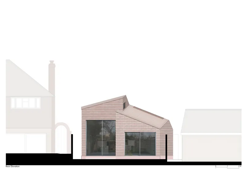 Rear elevation drawing showing asymmetrical pitched roof and large glazed openings facing the garden