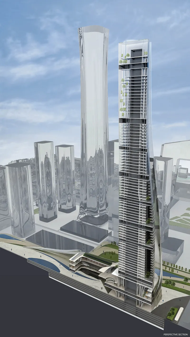 A perspective section reveals the tower's layered structure, green terraces, and innovative double-skin facade designed for sustainable performance.