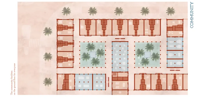 A courtyard-centered plan brings together communal facilities, greenery, circulation, and spaces for everyday social interaction.