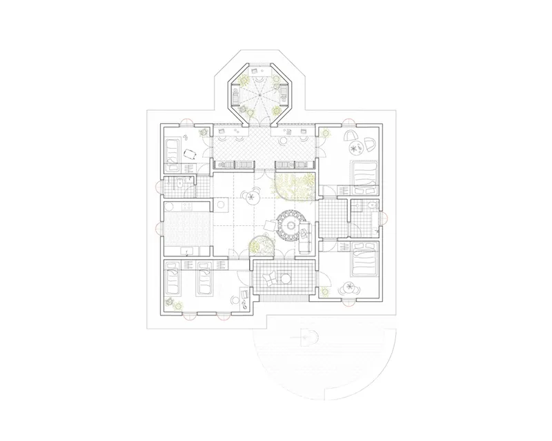 Floor plan drawing revealing an octagonal central space with surrounding rooms and arched openings