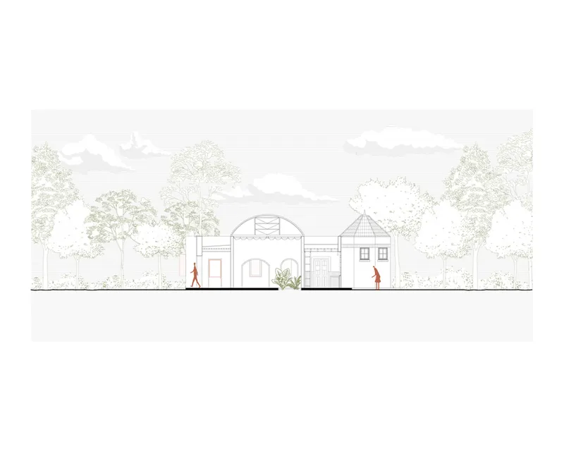 Elevation drawing of the compound with varied roof forms and two figures among rendered trees