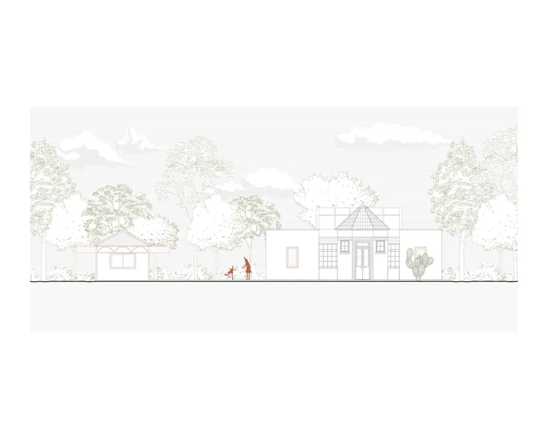 Elevation drawing showing a single-story residence with a turret and pitched roofs surrounded by trees