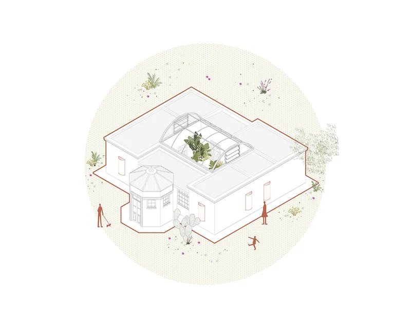 Axonometric drawing revealing a central courtyard with exposed roof trusses and surrounding planted landscape