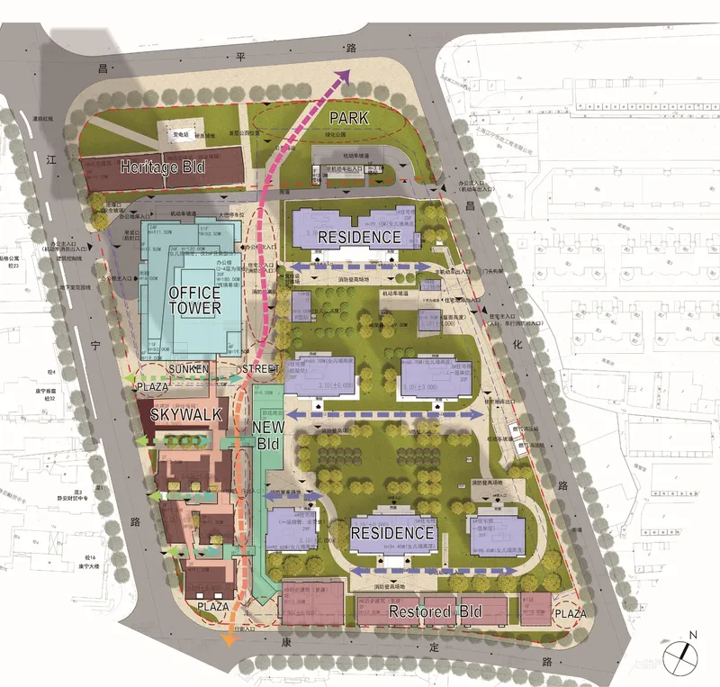 Site plan drawing showing mixed-use program with tower, heritage buildings, plazas, and landscaped park areas