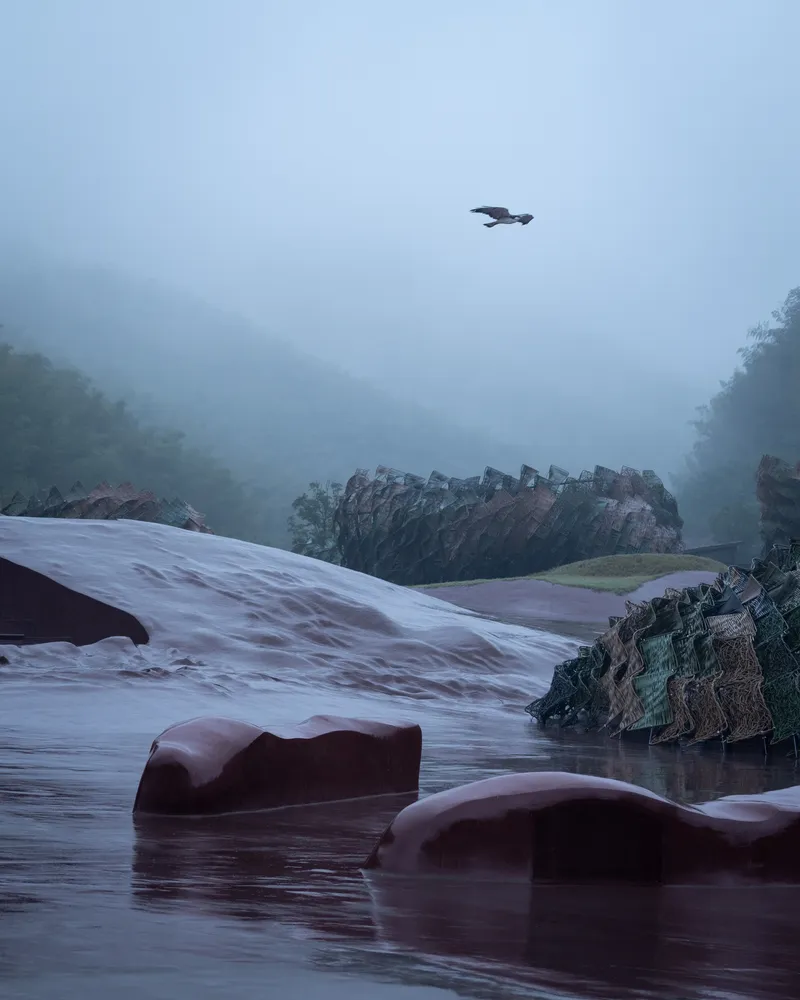 Dark sculptural forms emerge from a misty lake with a bird in flight above forested hills