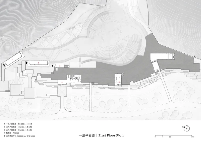 First floor plan drawing showing entrance halls and a curved landscape area with topographic contours