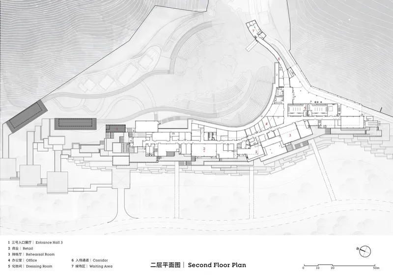 Second floor plan drawing showing retail spaces and a curving layout with topographic context