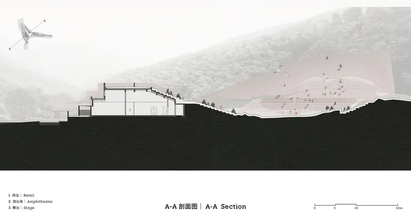 Section drawing showing interior volumes carved into a hillside with figures on a terraced landscape