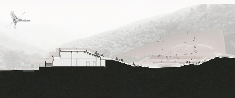 Section drawing depicting stepped interior spaces embedded into a forested slope with scattered figures above