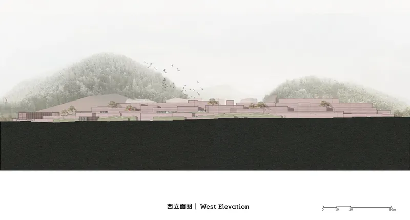 West elevation drawing showing a low horizontal mass with staggered volumes beneath two forested hills in fog