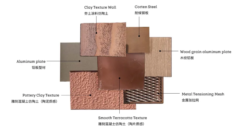 Material board displaying clay texture wall, corten steel, aluminum plate, terracotta textures, wood grain aluminum, and metal tensioning mesh