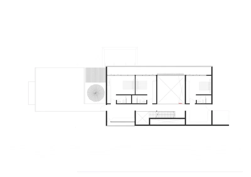 Upper floor plan with bedrooms, a double-height void, and an outdoor terrace with a circular feature