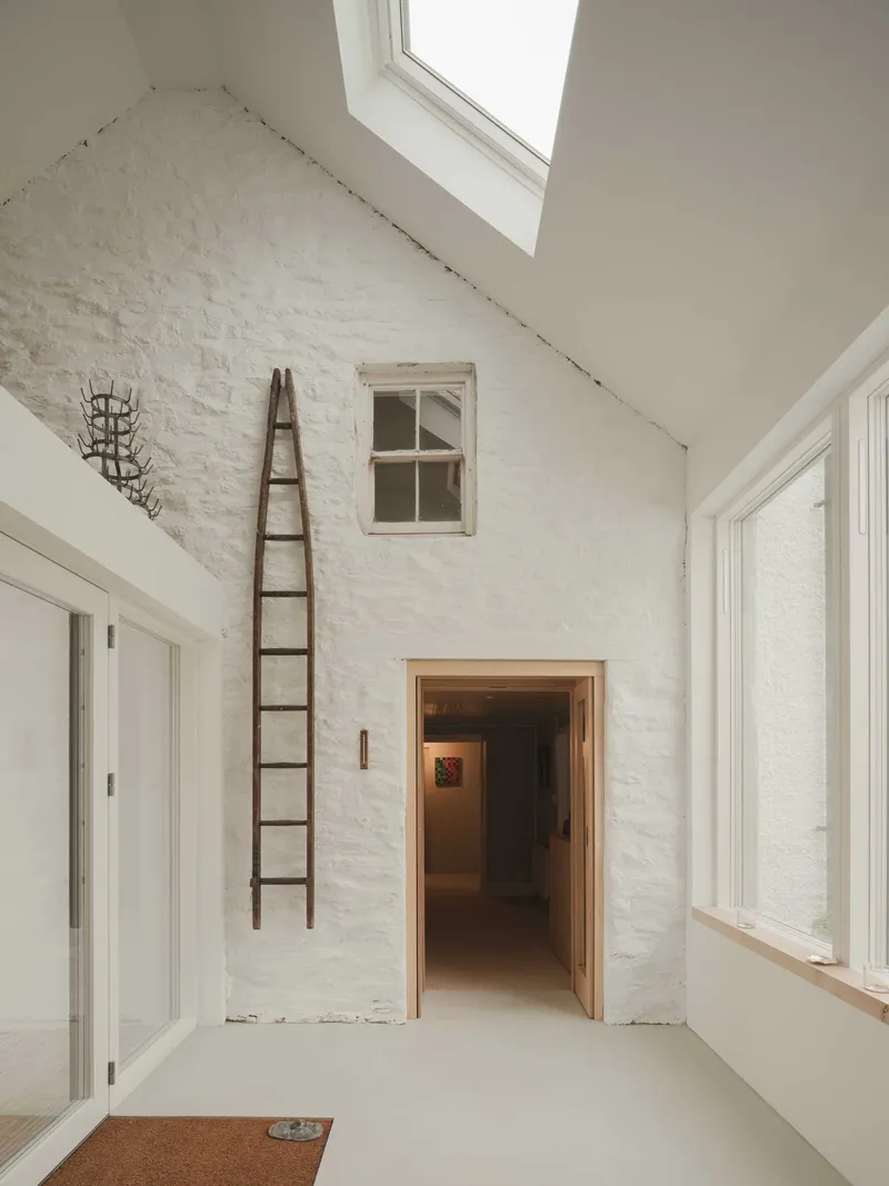 Double-height room with painted brick wall, wooden ladder, and skylight casting natural light