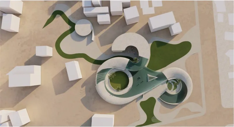 Aerial view showing THE LINK’s interconnected circular forms, landscaped courtyards, and flowing pedestrian network