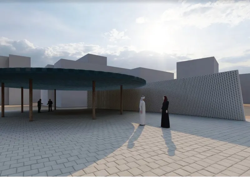 A shaded outdoor plaza uses perforated screens and lightweight canopy structures to create a comfortable community space