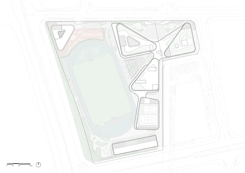 Site plan drawing showing triangular building cluster around central sports field and oval track
