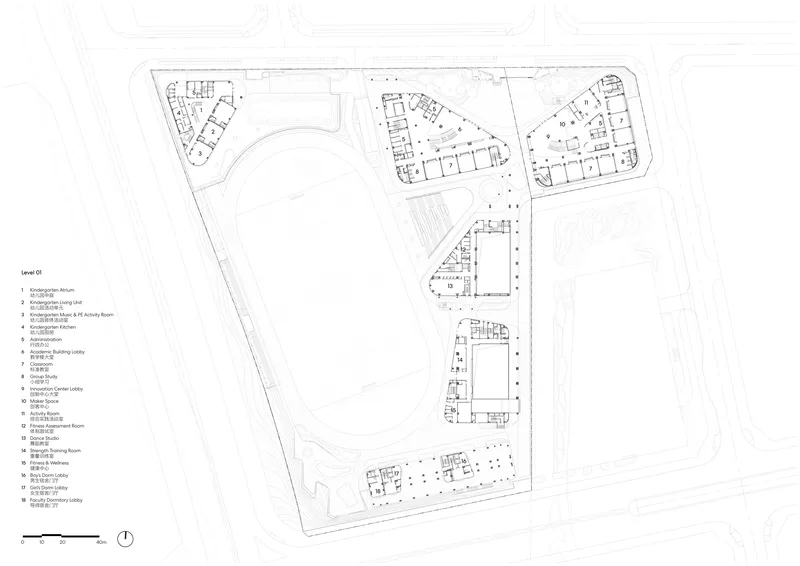 Site plan drawing showing multiple residential blocks arranged around a central open courtyard space