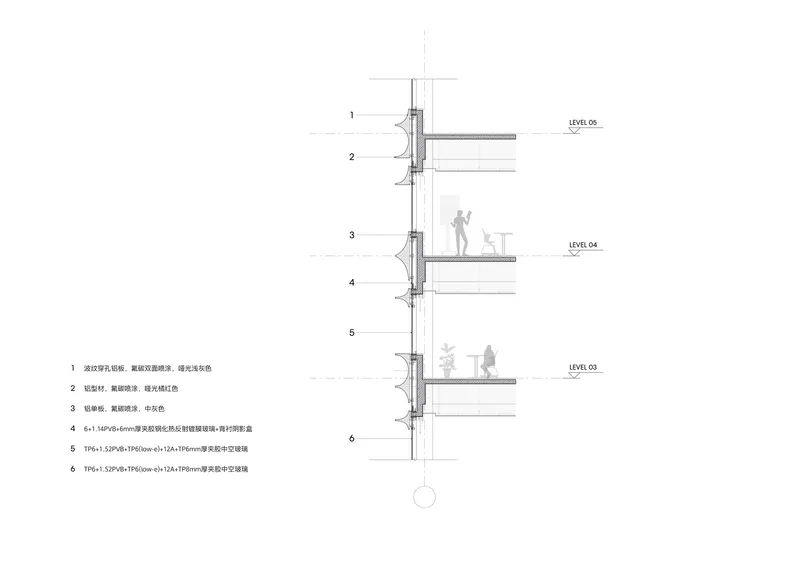 Building section drawing showing the facade detail and floor levels with human figures for scale