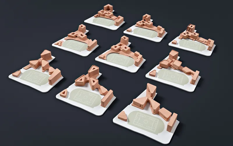 Series of terracotta-colored study models displaying different massing configurations on white bases