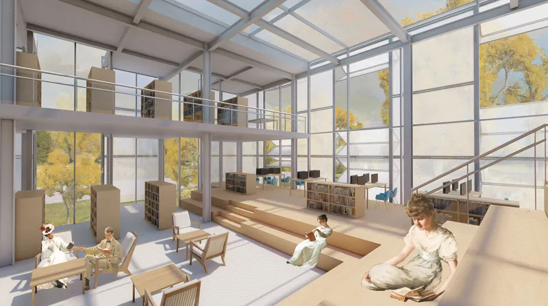 A bright, open interior combines reading areas, stepped seating, bookshelves and informal community spaces.