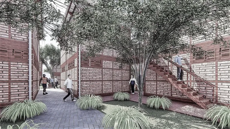 Shaded pedestrian lanes connect mud brick housing units with green courtyards.