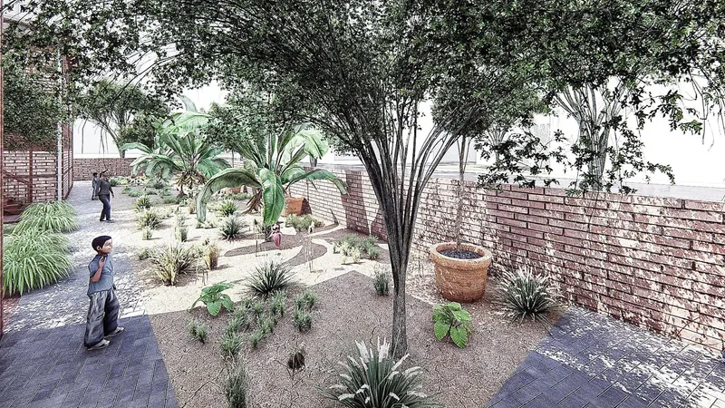 Planted garden space brings shade, food, and ecological value to the shelter.