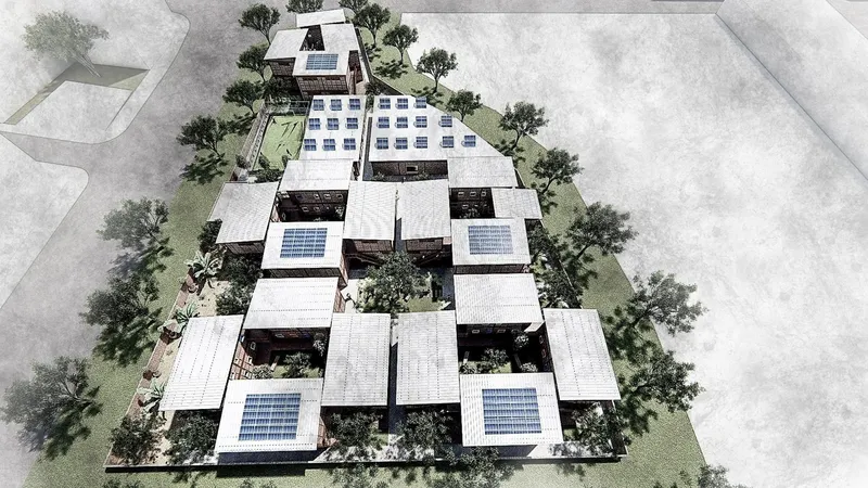 TRANSPLANT forms a compact village of bio shelters, courtyards, and renewable roofs.
