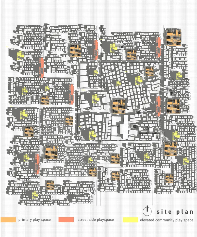 Site plan mapping primary, street-side and elevated community play spaces across the settlement.